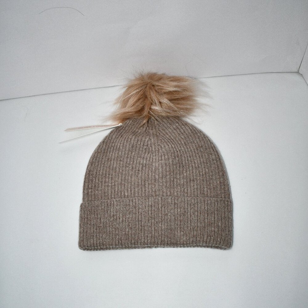 SASSO + SMYTH Ribbed Cuff Faux Fur Pom Beanie in Taupe #F42HS500 NWT